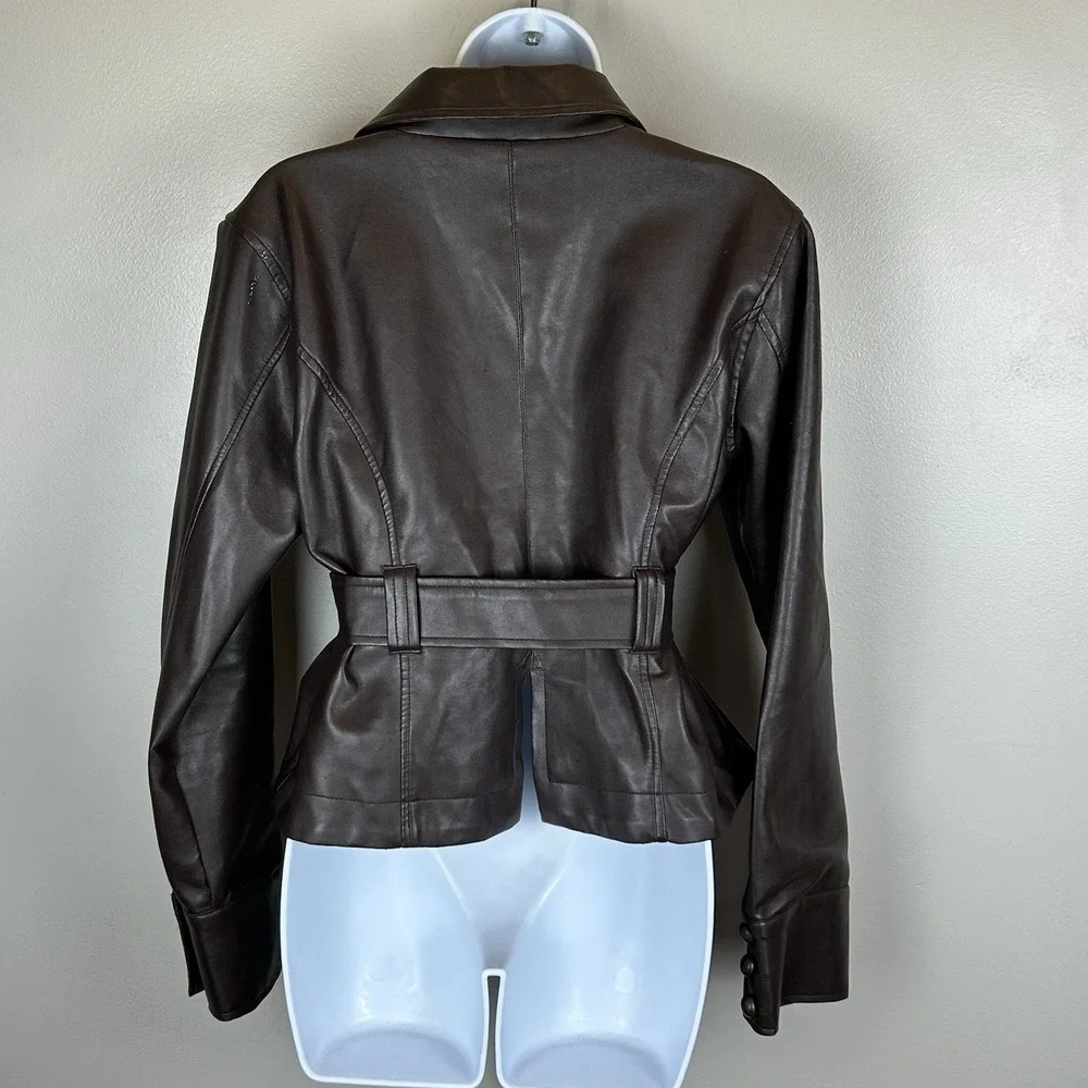 Paris Blues Vintage Faux Leather Jacket Womens Medium Brown Belted Pockets Retro